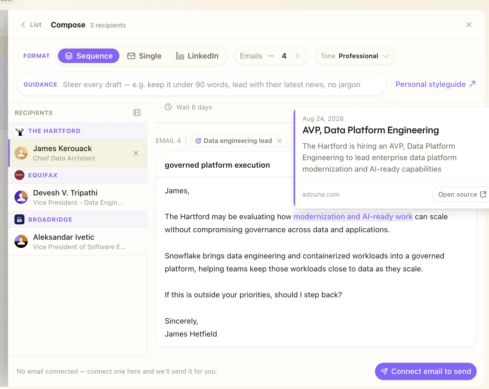 The Trayo composer building a multi-step email sequence for three recipients, with the source hiring signal cited next to the draft.